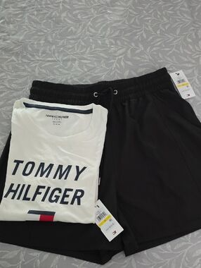 Tommy Hilfiger Black Athletic Drawstring Shorts with Logo Tee